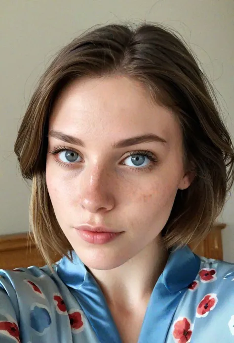 instagram selfie , a 2 gorgeous woman, in love with the viewer , closeup, detailed skin face and eyes , natural lighting , at home , bob hair, wearing silk pajamas , film grain, natural face, blue eyes, dark circles under eyes