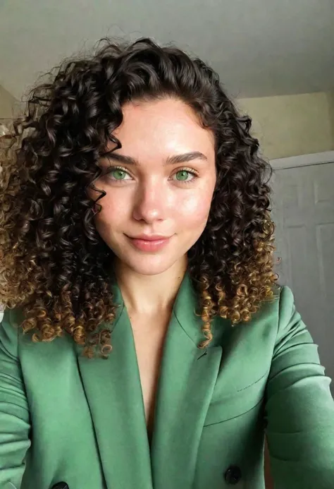 a close up of a woman with curly hair wearing a green jacket