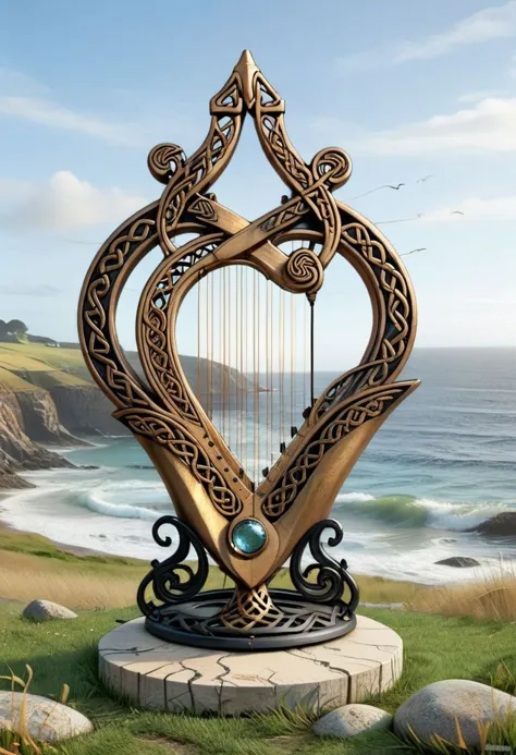 (Celtic knot:1.4), abstract filigree openwork golden iron (harp:1.5) with wavy metal, (fully transparent:1.2), stone pedestal, (...