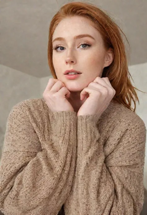 a close up of a woman with red hair wearing a sweater