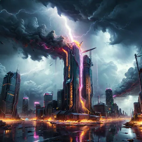 Futuristic highrise,neon lights of town below it, flash light, the fury of lightning lights up the horizon. epic composition, ci...