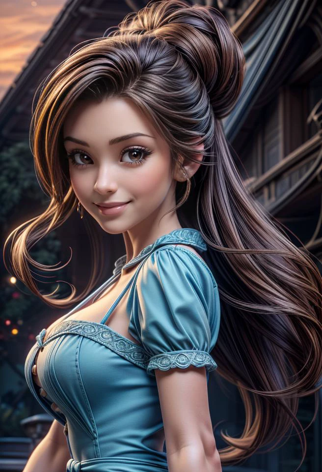 frontal, view, 1girl, solo, Princess Belle, (brown hair in an updo), brown eyes, smile,(blue dress), (white apron), (at forest:1.3), sunset, huge breasts, 18yo  ((extremely detailed background:1.3)), (((hyperdetailed:1.3))), ((32k, RAW, best quality:1.3, ultra high res:1.4)), (absurdres, intricate, photorealistic, masterpiece, ultra-detailed:1.3),