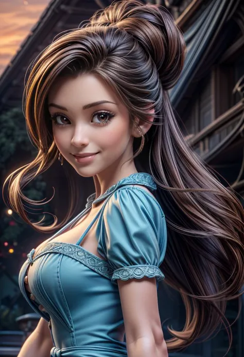 frontal, view, 1girl, solo, <lora:Princess_Belle:1>, Princess Belle, (brown hair in an updo), brown eyes, smile,(blue dress), (white apron), (at forest:1.3), sunset, <lora:LowRA:0.4> , huge breasts, 18yo  <lora:add_detail:0.6> <lora:more_details:0.6> ((extremely detailed background:1.3)), (((hyperdetailed:1.3))), ((32k, RAW, best quality:1.3, ultra high res:1.4)), (absurdres, intricate, photorealistic, masterpiece, ultra-detailed:1.3),