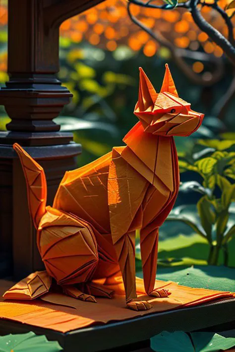 master piece, high quality, an orange cat in the orange grove, J_origami, intricate indian style detailed,
