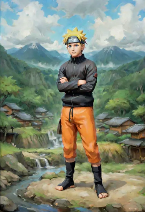 oil painting of naruto, konoha village background