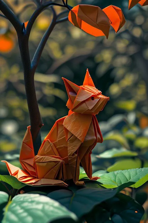 master piece, high quality, an orange cat in the orange grove, J_origami