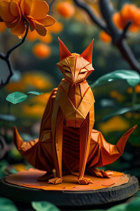master piece, high quality, an orange cat in the orange grove, J_origami, intricate indian style detailed,