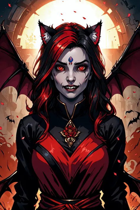 a woman with red hair and a devil costume stands in front of a full moon