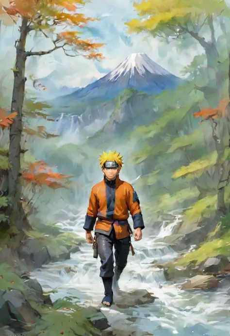 digital painting of naruto walking down the stream of a river, mount Fuji in the background