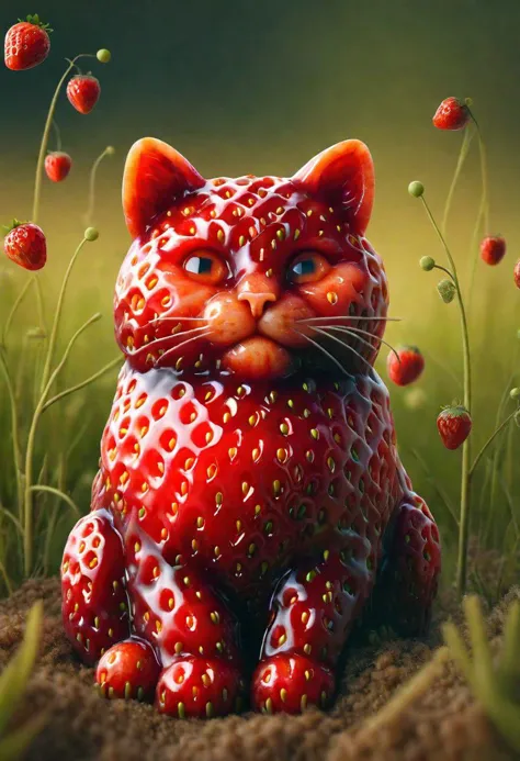 there is a cat statue made out of a strawberry sitting in the grass