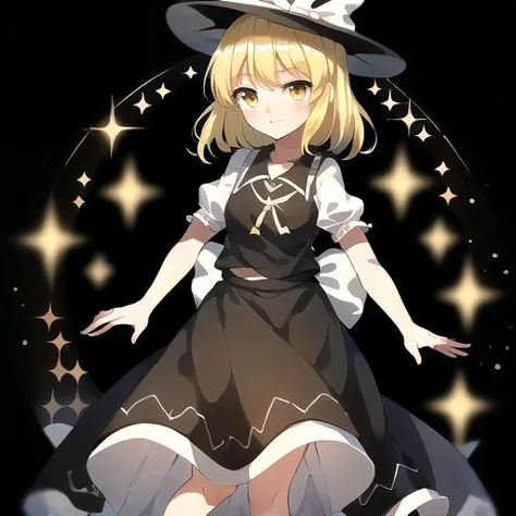 anime girl in a black dress and hat with stars in the background