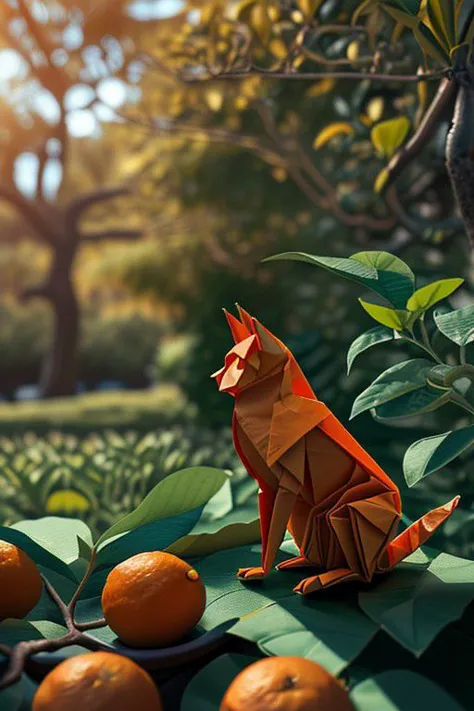 master piece, high quality, an orange cat in the orange grove, J_origami
