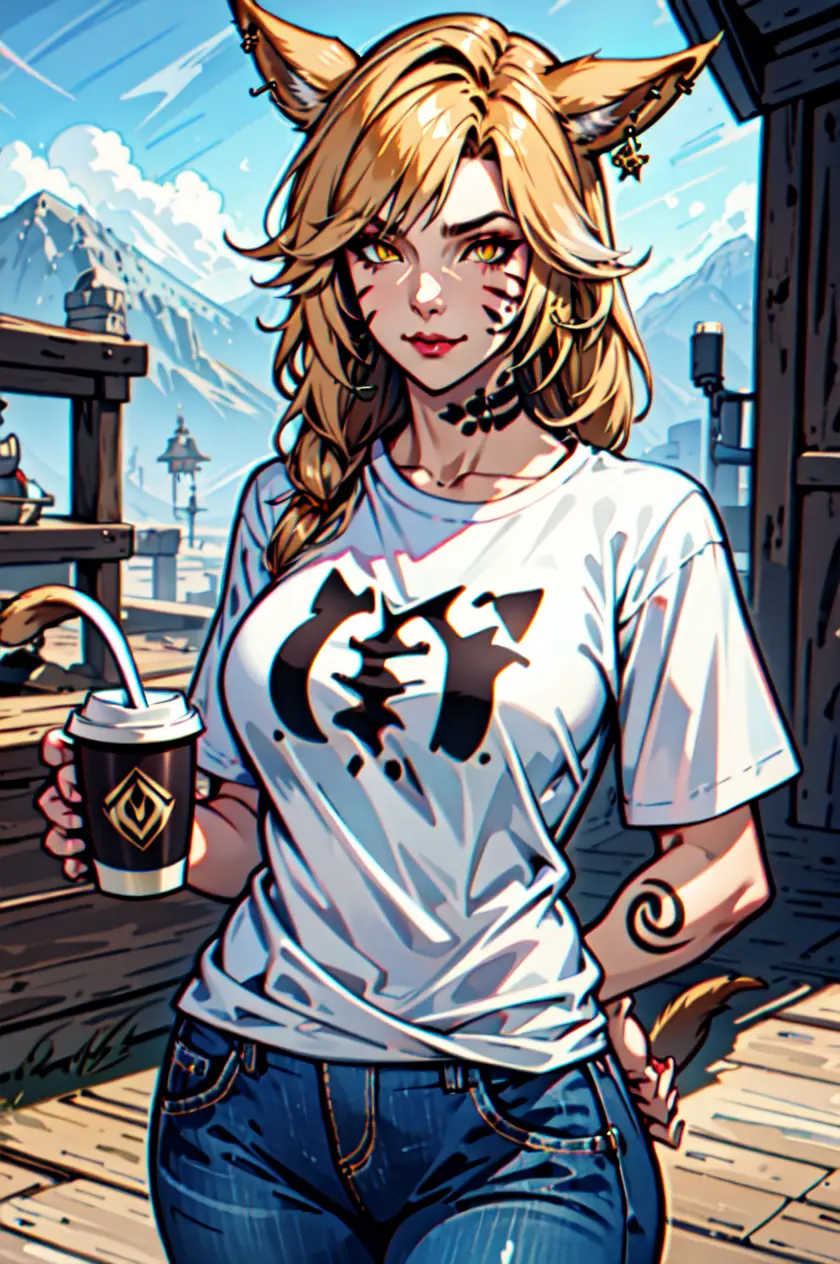 1 girl, solo, large breasts, HoldingACupofCoffee,tshirt, jeans,  Simple-Miqote