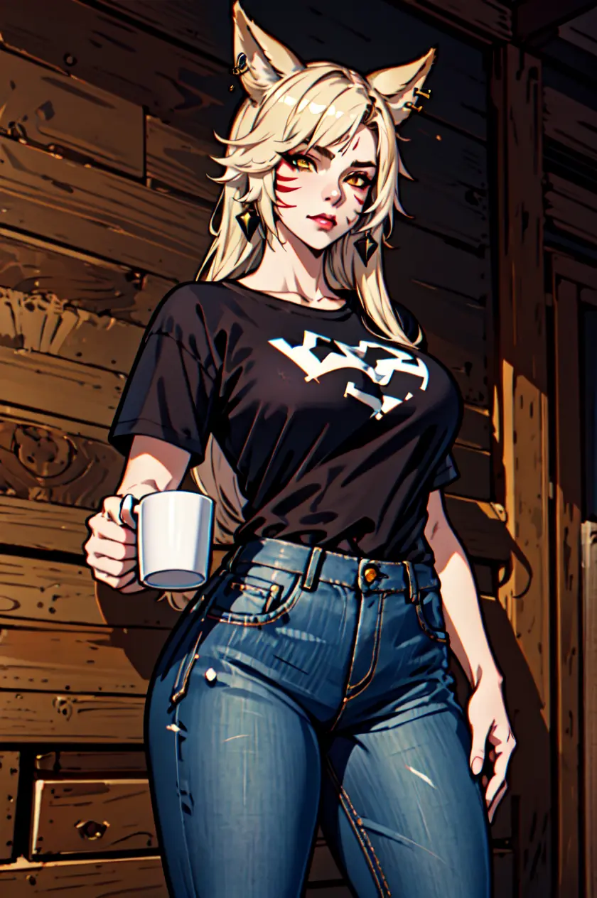 blond haired woman in jeans and a black shirt holding a cup