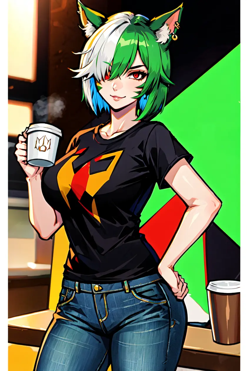 anime girl with green hair and cat ears holding a cup of coffee