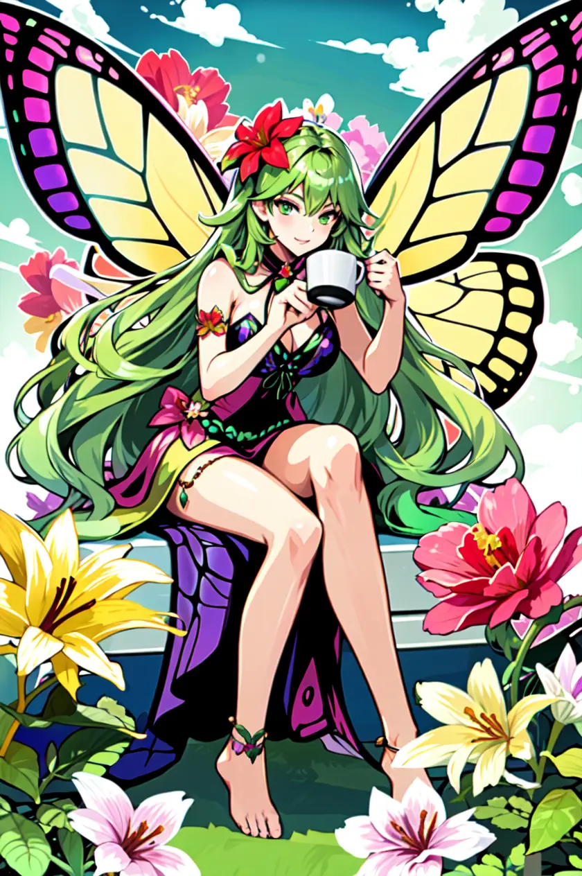 anime girl with butterfly wings sitting on a bench with flowers