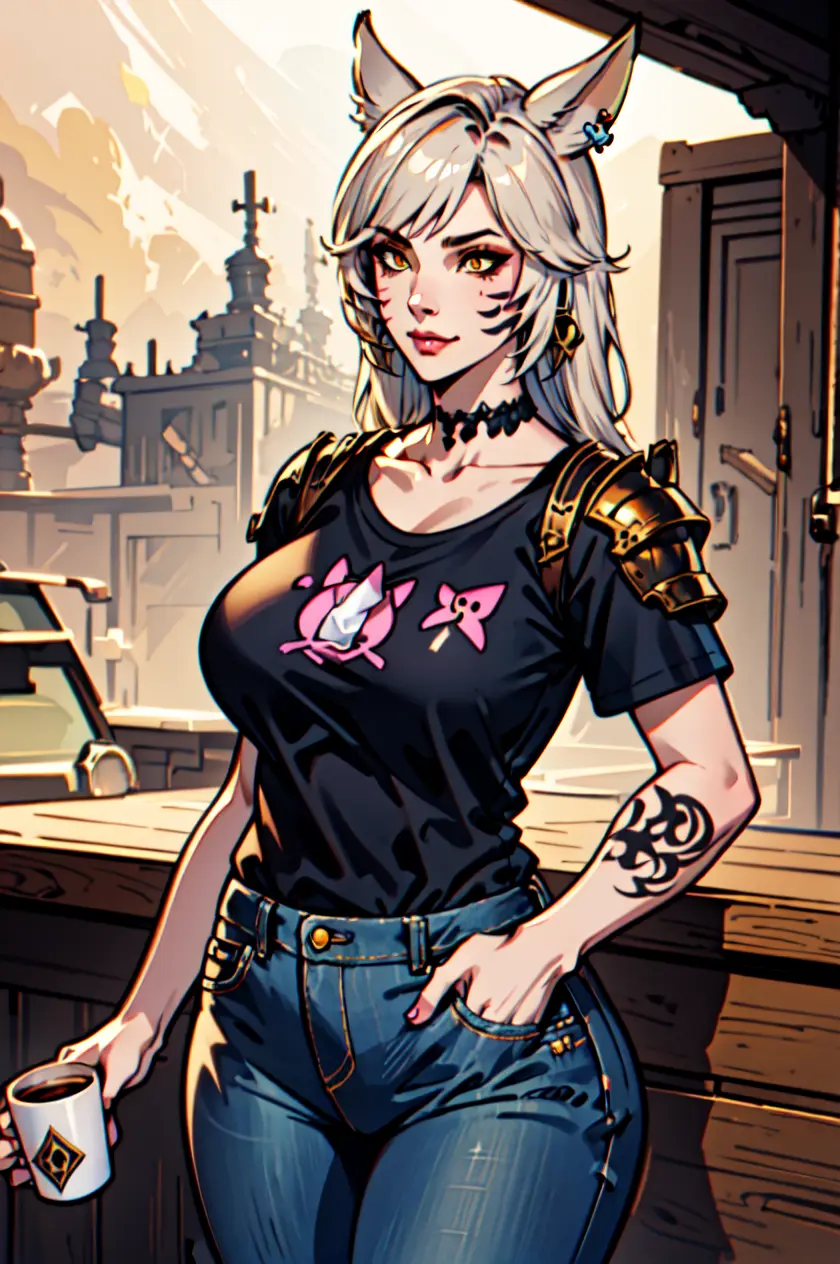 anime girl with horns and a black shirt standing in a bar