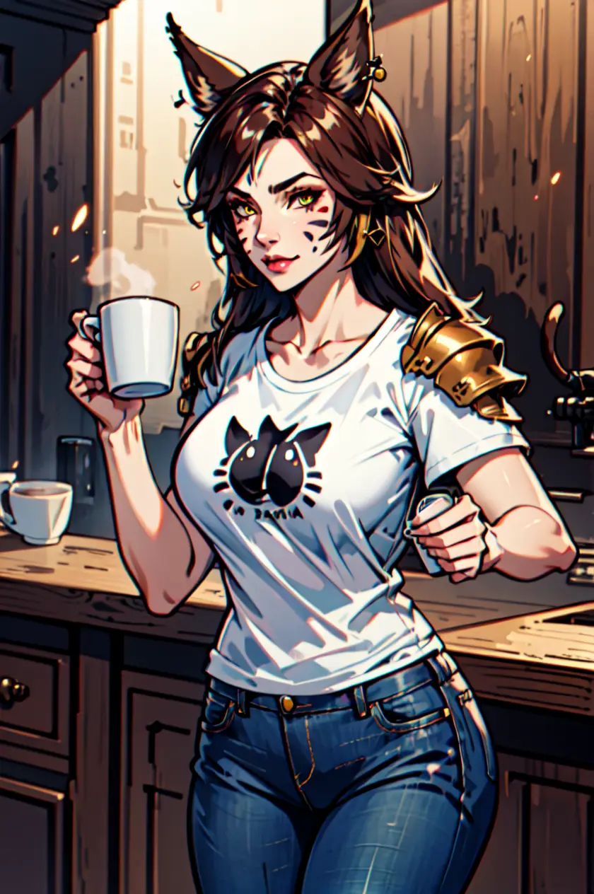 anime girl with cat ears holding a cup of coffee