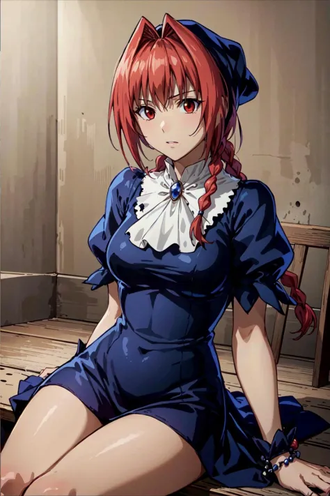 masterpiece, best quality,highres,dorothy, red hair,red eyes,braid,  <lora:dorothy_v2:0.6>,cowboy shot, sitting,