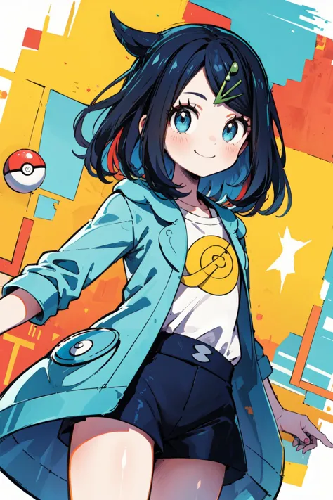 masterpiece,best quality,1girl,solo,pokemonliko,hairclip,multicolored hair,black hair,blue hair,blue eyes,blue jacket,white shirt,shorts,poke ball,smile,dutch angle,multicolored background,<lora:Concept-control tool-add_detail-CyberAIchemist:0.3>,<lora:pokemon_liko:1>,<lora:mixed_patterns_of_text_and_emoji:0.8>,