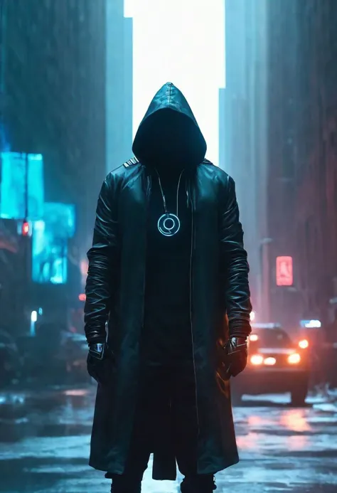 a man in a black coat standing in the middle of a city