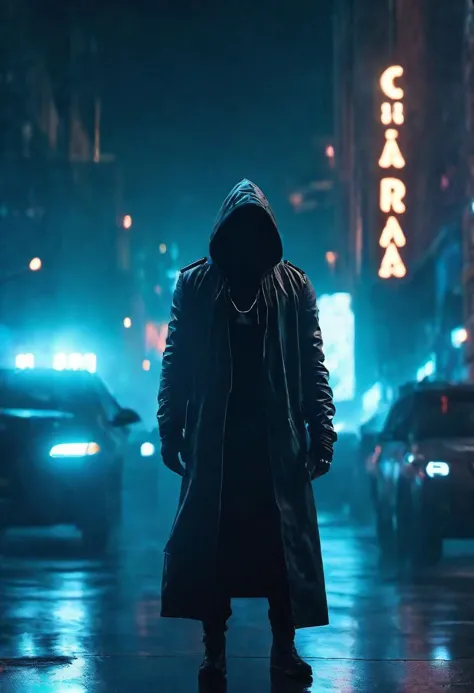 a man in a hoodedie standing on a city street at night