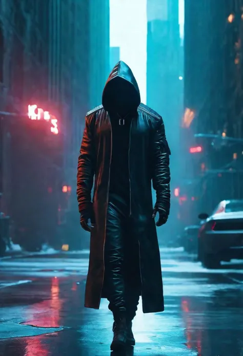 "cinematic still, medium shot on ARRI Alexa 35, a lone hooded figure using chaos magic, low-key color grading, hyper-realistic pop, cyberpunk, Chicago 2087