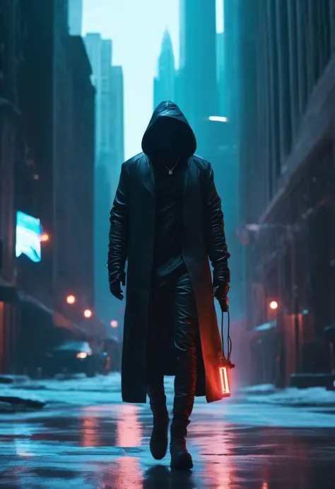 a man in a black coat walking down a street in the rain