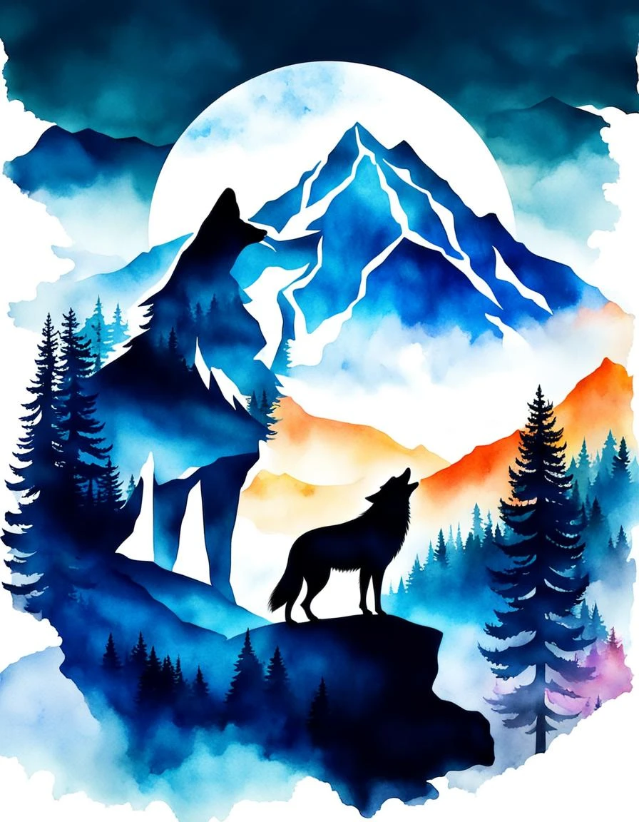 Двойная экспозиция волка и горы, природные пейзажи, акварель