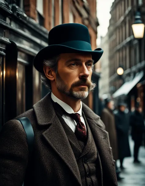 Victorian man, London, (sharp focus:1.2), extremely detailed, (photorealistic:1.4), (RAW image, 8k high resolution:1.2), RAW candid cinema, 16mm, color graded Portra 400 film, ultra realistic, cinematic film still, subsurface scattering, ray tracing, (volumetric lighting)