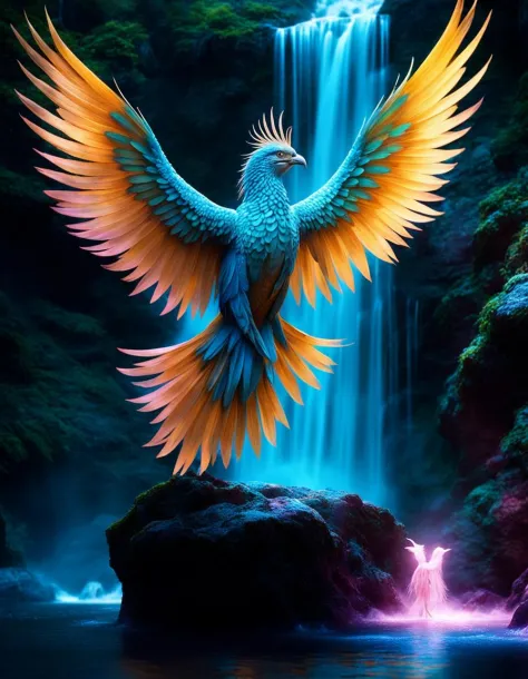 "Cinematic still, filmed by Alfonso Cuar\u00f3n, wide-shot, a creature adorned with luminescent feathers that cascade like a vibrant waterfall, their iridescent glow casting an enchanting shimmer upon the surroundings, mythical creature had stepped into our world, exuding an aura of otherworldly beauty and intrigue