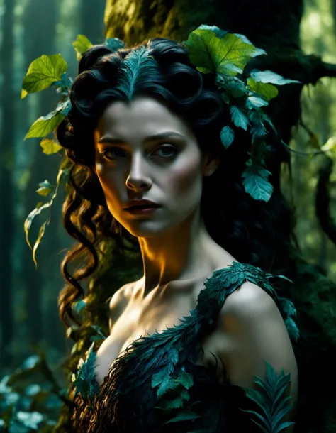 image cinématographique, filmé par Guillermo del Toro, Au milieu d&#39;une forêt sombre et profonde, un être énigmatique apparaît - un amalgame de flore et de faune, avec des vignes pour les cheveux, les yeux brillent comme des braises, et une peau ornée d&#39;écailles irisées 