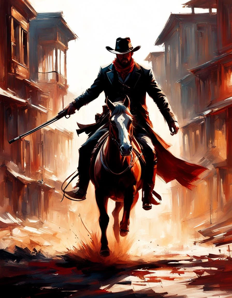 Plan d&#39;action dynamique complexe d&#39;un cow-boy lors d&#39;une fusillade, cinématique Steve Henderson Fabian Perez Henry Asencio Jeremy Mann Marc Simonetti Fantasy, atmosphère de Red Dead Redemption 2, cinématique, #Photographier