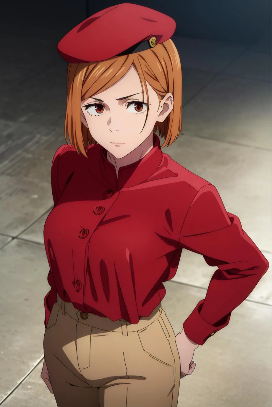 (masterpiece), (best quality), (ultra-detailed), (best illustration), (best shadow), (absurdres), nobarakugisakinova, short hair, orange hair, (((brown eyes))), kugisaki nobara, ((beige pants, red shirt, red cap)), 1girl, solo, bangs, closed mouth, long sleeves, looking at viewer, upper body, 