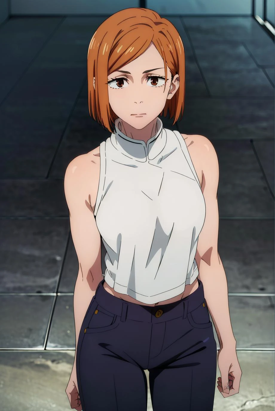 (masterpiece), (best quality), (ultra-detailed), (best illustration), (best shadow), (absurdres), (((brown eyes))), nobarakugisakinova, short hair, orange hair, kugisaki nobara, ((pants, team shirt, short sleeveless)), 1girl, solo, bangs, closed mouth, upper body, (slim, defined musculature), looking at viewer, 