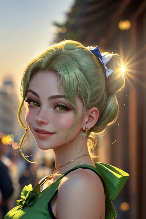 a close up of a woman with green hair and a green dress