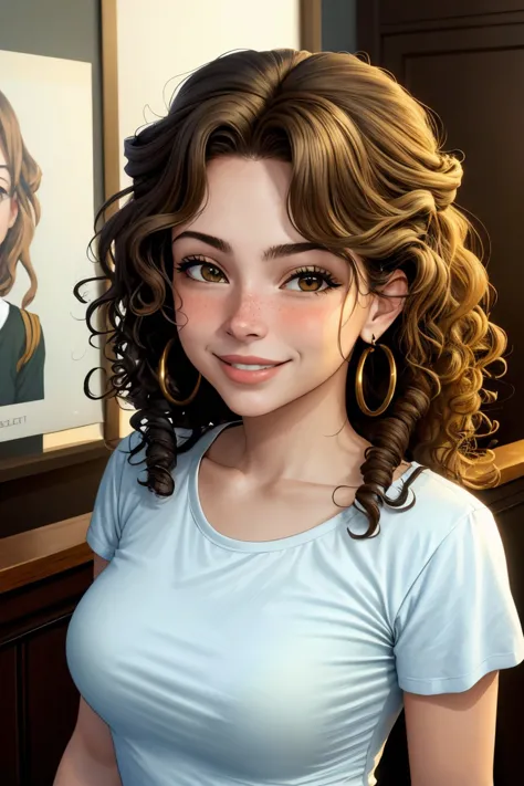 a woman with curly hair and big hoop earrings standing in front of a painting