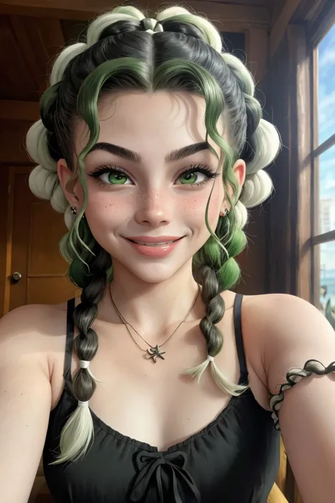 a close up of a woman with green hair and braids