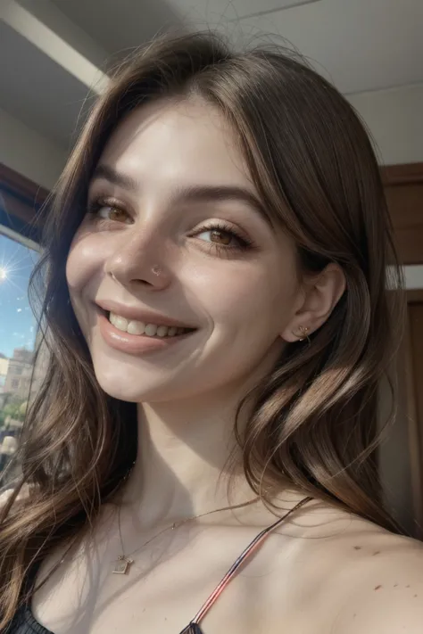 a close up of a woman with long hair smiling at the camera