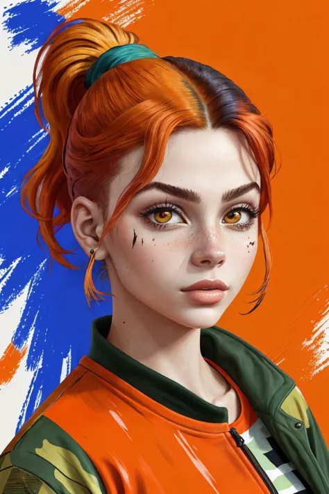 (fauvist style, bright, unnatural colors, bold brushwork:1.15), headshot of <lora:sd15_DoaEvren_locon_24_v1-000025:.9> DoaEvren, focus on face, wearing camo , her Burnt orange color hair is styled as wrapped ponytail,