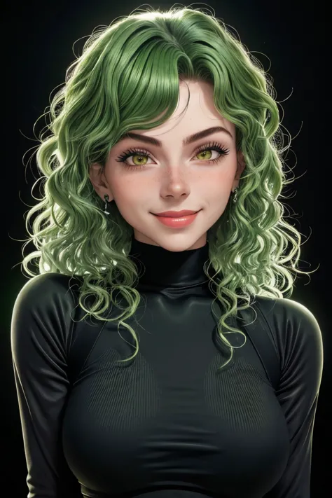 a woman with green hair and green eyes wearing a black top