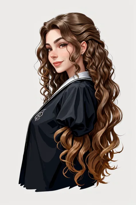 (vexel style, sharp, clean, vector-based, highly detailed:1.15), headshot of <lora:sd15_DoaEvren_locon_24_v1-000025:.9> DoaEvren, focus on smiling face, side view wearing a mage robe , her hair is styled as curly layers hair,