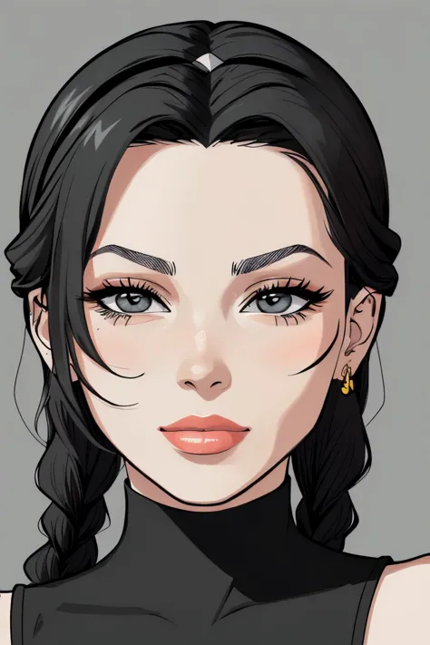 a drawing of a woman with long black hair and a black top