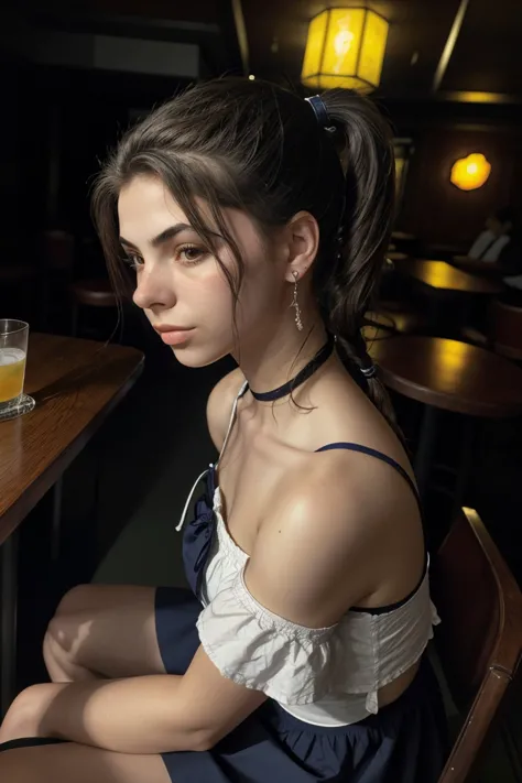 (high angle, headshot:1.2) of photo of <lora:sd15_DoaEvren_locon_24_v1-000025:.8> DoaEvren, she is wearing sailor dress , her hair is styled as teased ponytail, BREAK she is (sitting at an upscale bar:1.1), silhouetted against the light, Velvia 100 ,underexposed, in the style of Anne Brigman