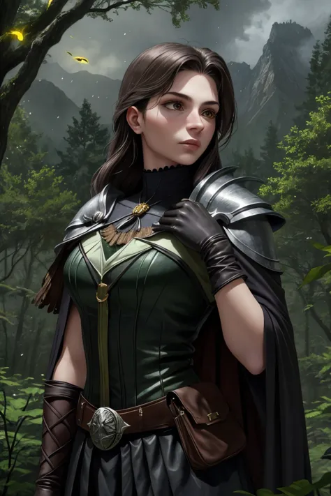 realistic photo of <lora:sd15_DoaEvren_locon_24_v1.0:.8> DoaEvren, Style-GravityMagic, looking away, solo, upper body, detailed background, detailed face, ( dark fantasy theme:1.1), falconer, bird resting on shoulder, eagle resting on shoulder, falconer gloves, confident presence, immersed in nature, medieval fantasy setting, high fantasy, gray furred leather clothes, cape, pouch, dark forest, evergreen trees,,oak trees, mountains, (Style-SwampMagic:0.4), fireflies, feathers, wildlife, curved blade, swirling elemental spirits, ethereal moonlight, mist,