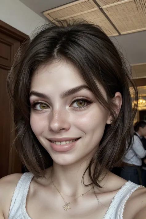 a close up of a woman with a necklace on her neck