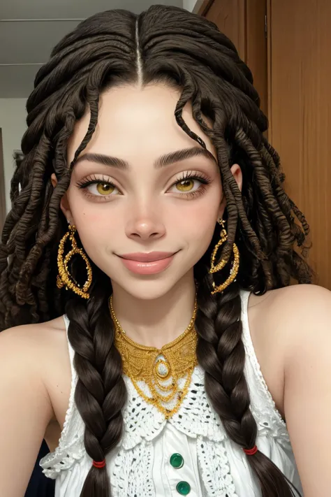 (style of Chris Ofili:1.15), <lora:sd15_DoaEvren_locon_24_v1-000025:.9> DoaEvren, focus on eyes, close up on face, smiling, wearing jewelry, hair styled as crochet braids,