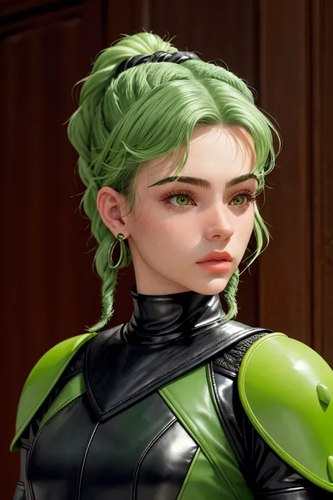 a close up of a person in a green and black outfit