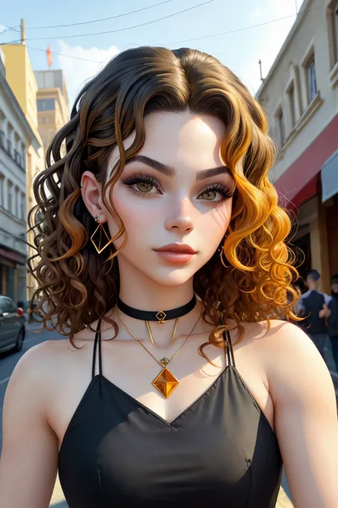 (geometric design, sharp angles, bold colors, clean lines:1.15), <lora:sd15_DoaEvren_locon_24_v1-000025:.9> DoaEvren, focus on eyes, close up on face, wearing jewelry, color amber hair styled as Curly Vintage Waves,