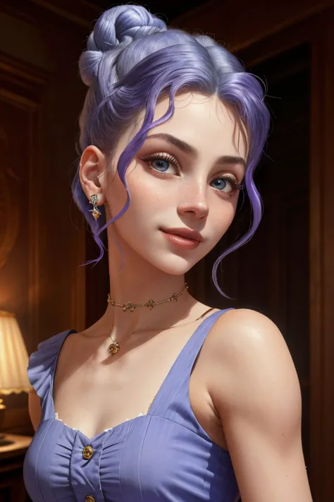 (renaissance style, historical, humanistic, detailed, chiaroscuro:1.15), <lora:sd15_DoaEvren_locon_24_v1-000025:.9> DoaEvren, focus on eyes, close up on face, smile, wearing jewelry, Lavender Blue hair styled as twisted bun, soft focus